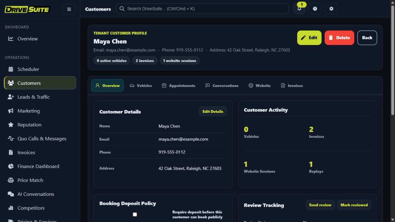 DriveSuite synthetic customer profile with CRM tabs and connected activity counts