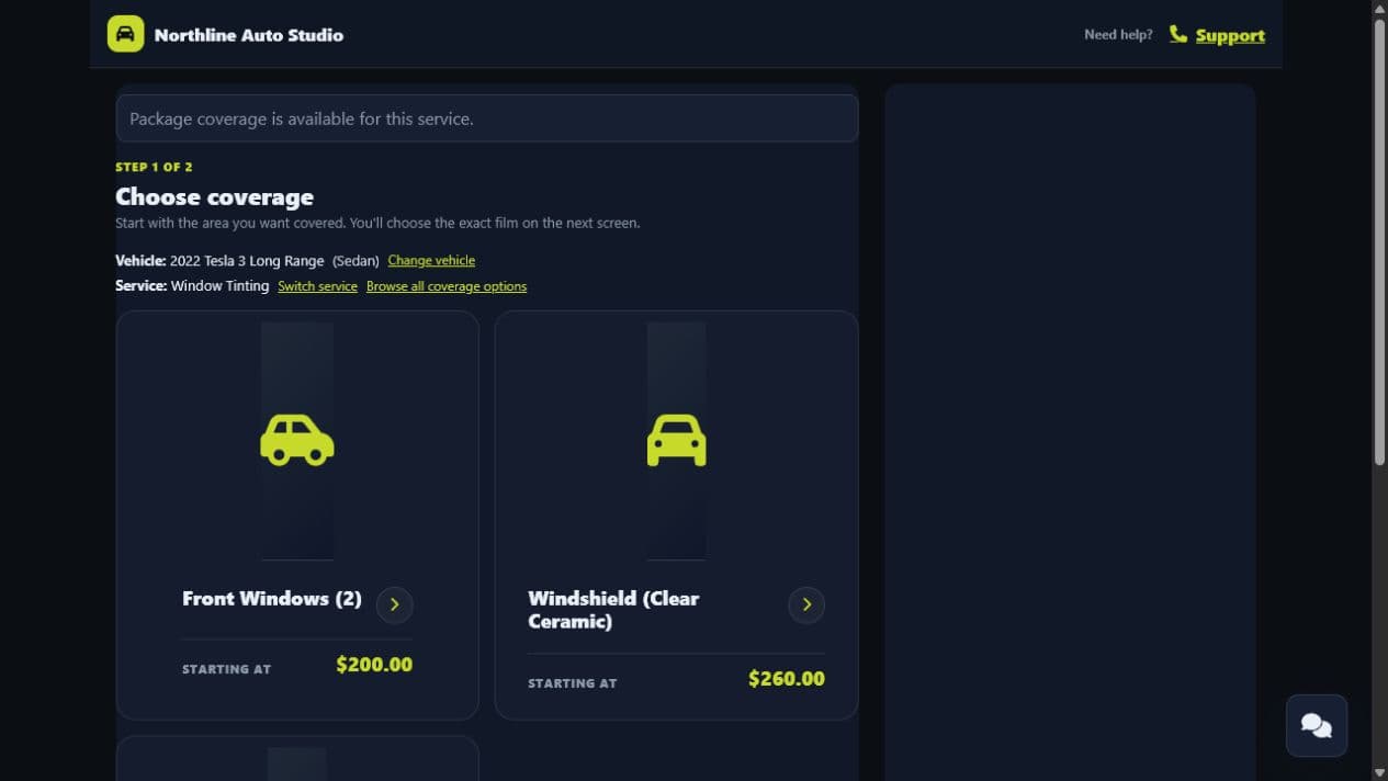 DriveSuite showing vehicle-specific tint coverage and live starting prices