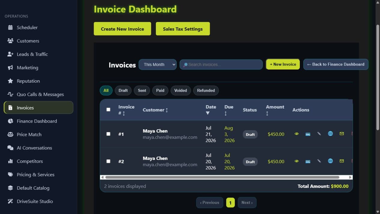 DriveSuite invoice list showing two synthetic draft invoices