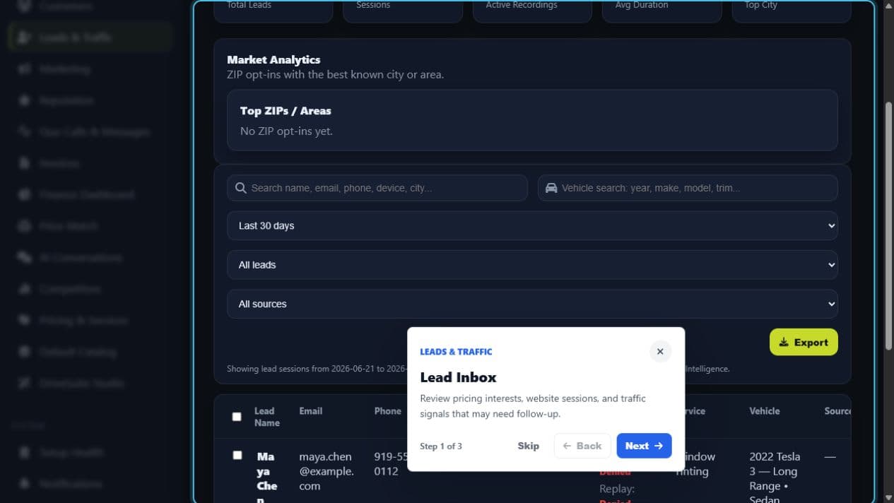 DriveSuite lead intelligence showing a synthetic tint lead and selected vehicle