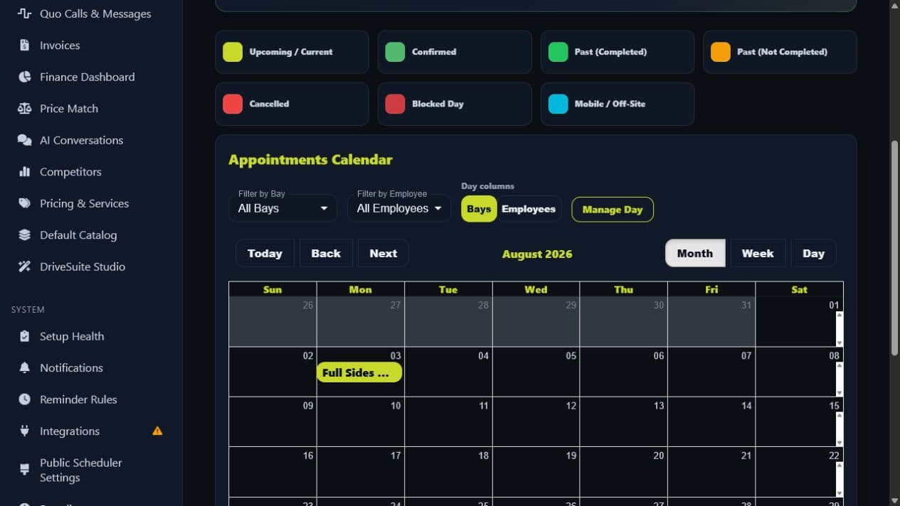 DriveSuite owner scheduler showing a booked tint package for a synthetic customer