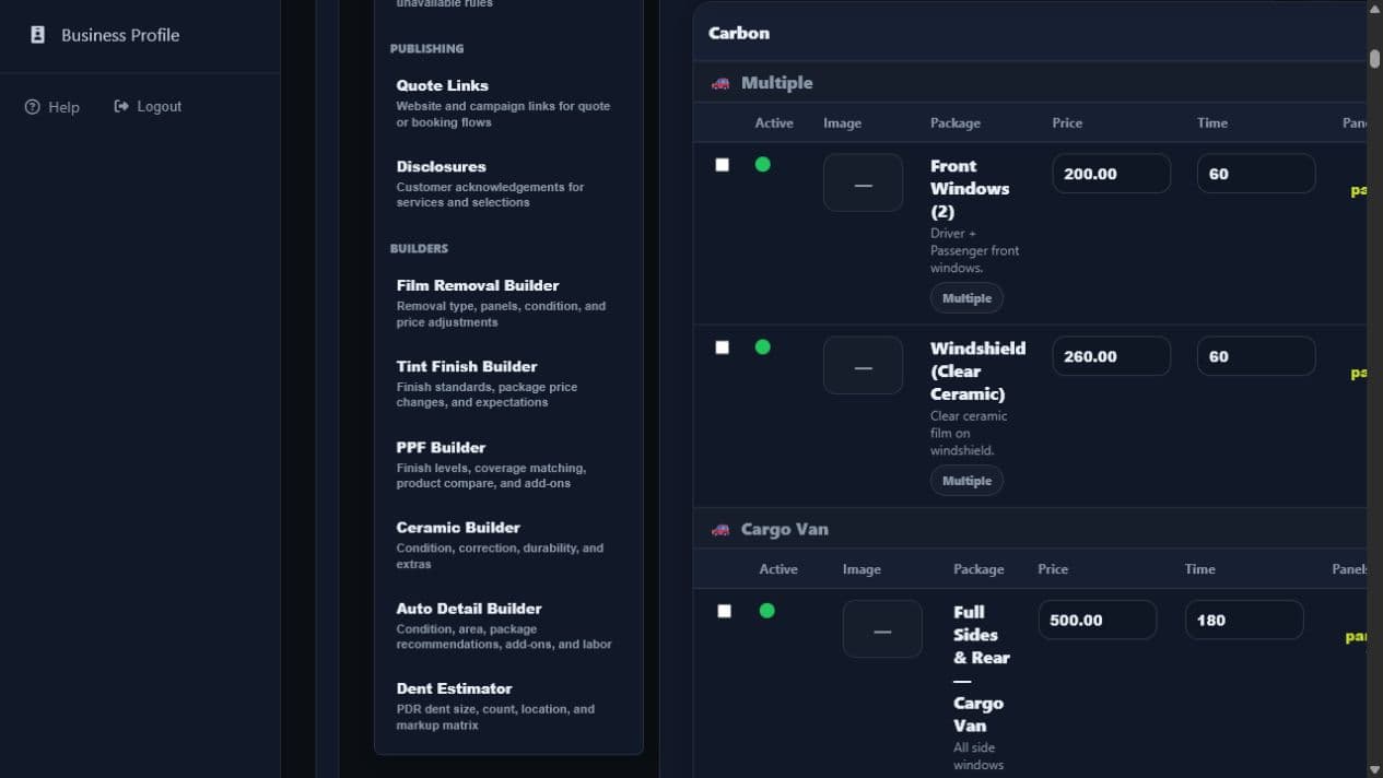 DriveSuite pricing workspace showing configured tint packages and builder modules