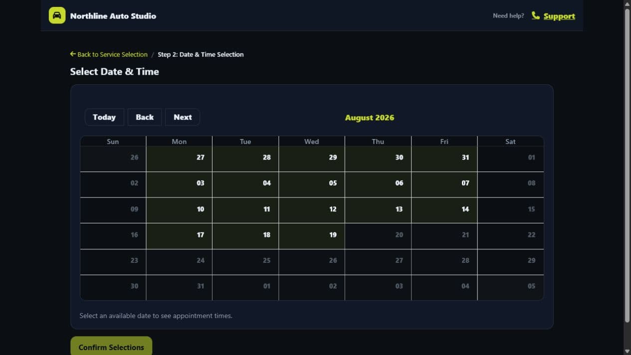 DriveSuite calendar showing available dates for a configured three-hour service