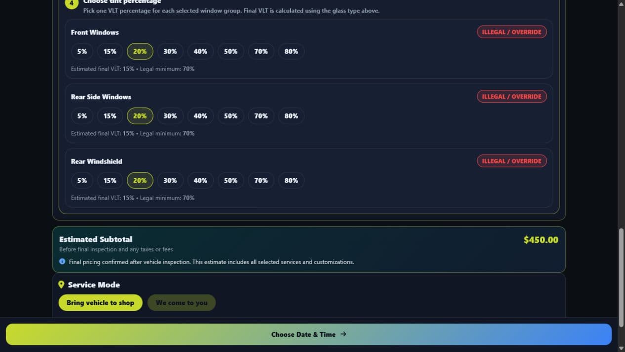 DriveSuite tint builder showing state-law context, selected film percentages, and final VLT estimates
