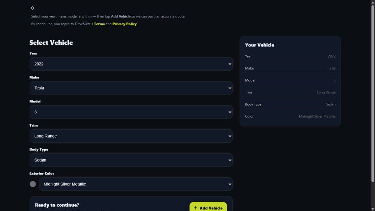 DriveSuite vehicle selector showing a 2022 Tesla 3 Long Range with body type and exterior color